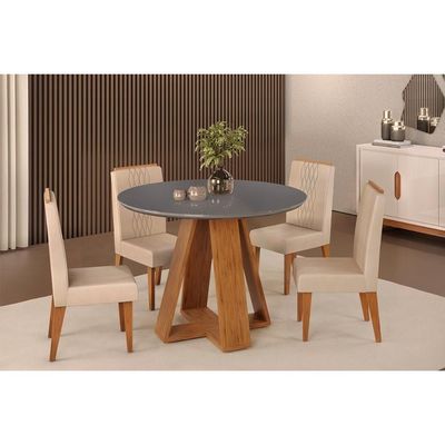Mesa p/ Cozinha Celeste c/ Tampo Madeirado Vidro Redondo 103x103cm Cedro/Off White - DJ Móveis