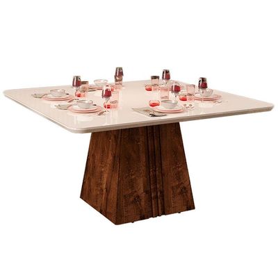Mesa p/ Cozinha Itália c/ Tampo Madeirado c/ Vidro Curvo 136x136cm Cedro/Off White - DJ Móveis