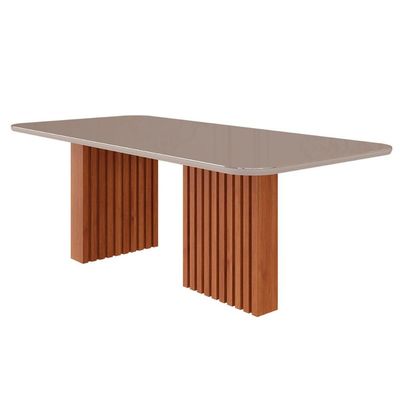 Mesa p/ Cozinha Ester c/ Tampo Madeirado c/ Vidro Reto 210x100cm Cinamomo/Off White - Cimol