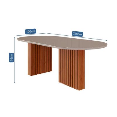 Mesa p/ Cozinha Ester c/ Tampo Madeirado c/ Vidro Oval 210x100cm Cinamomo/Off White - Cimol