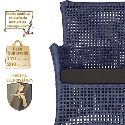 Jogo Sofá 4 Poltronas E Mesa Igapó Preta E9 Trama Original Azul