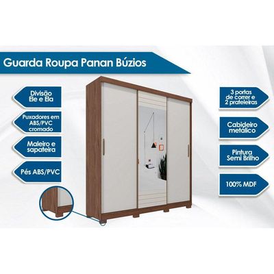 Guarda Roupas 3 Portas de Correr de (1 c/ Espelho) e 4 Gavetas Búzios Avelã/Off White - Panan