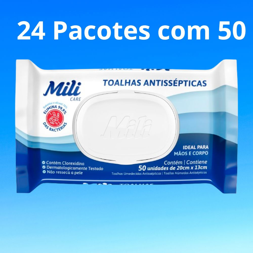 Toalhas Antissépticas Mili  24 pacotes c/ 50 (total: 1200 toalhas)