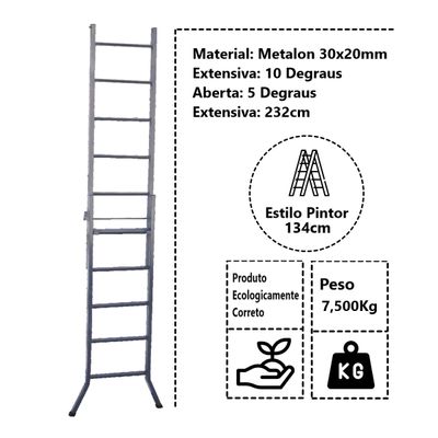 Escada Extensiva 3 em 1 Metalon 30x20mm 5 e 10 Degraus 134cm