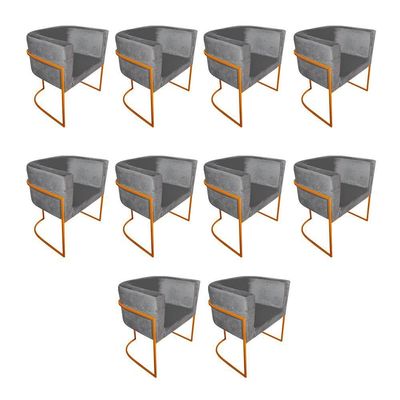 Kit 10 Poltronas Decorativa Sala De Estar Base De Ferro Cobre Veludo Cinza