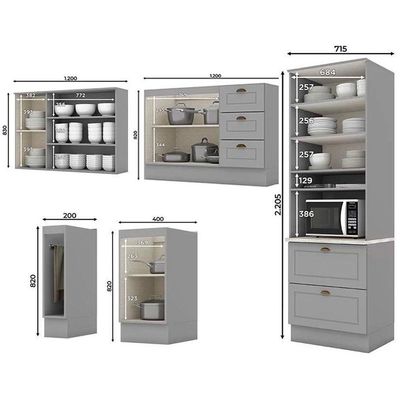 Cozinha Completa Americana 16 Peças (6Aéreos+5Balcões+1Paneleiro+4Complementos) C5P38 Cinza - Henn