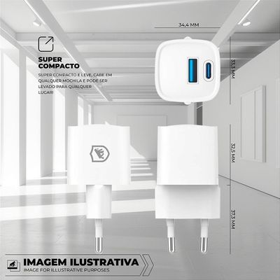 Carregador Turbo Gan Ultra Slim Tipo-C + USB-A 20W - Exclusivo Online - Branco - Gshield