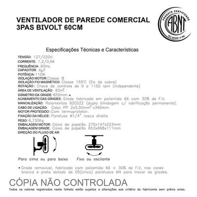 Ventilador De Parede Comercial 3 Pás Bivolt Q600c Ny 60cm Qualitas