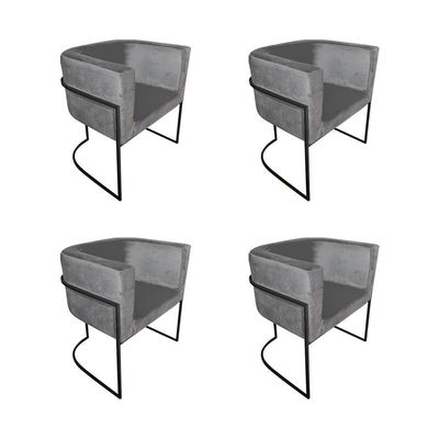 Kit 4 Poltronas Decorativa Sala De Estar Base De Ferro Preta Veludo Cinza