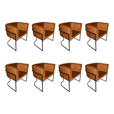Kit 8 Poltronas Decorativa Sala De Estar Base De Ferro Preta Veludo Terracota Laranja
