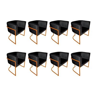 Kit 8 Poltronas Decorativa Sala De Estar Base De Ferro Cobre Veludo Preto