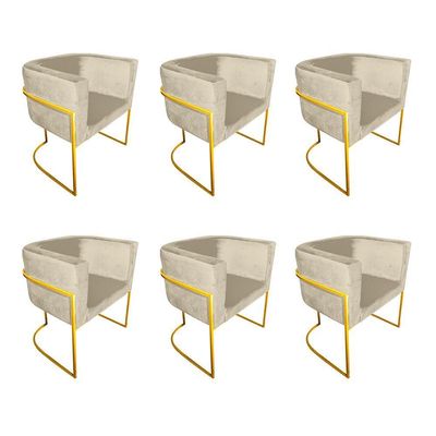 Kit 6 Poltronas Decorativa Sala De Estar Base De Ferro Dourada Veludo Bege