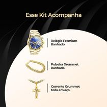Relogio Masculino Aço Banhado Ouro + Pulseira + Crucifixo Pesado Grande Qualidade Premium Robusto