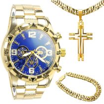 Relogio Masculino Aço Banhado Ouro + Pulseira + Crucifixo Pesado Grande Qualidade Premium Robusto
