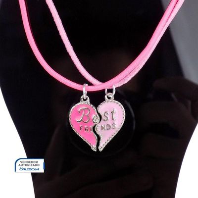 Kit 2 Colares Amizade Best Friend Amigas + Pingente Coração Menina Moda Presente Rosa Ajustavel