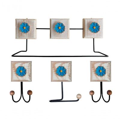 Kit Banheiro Com 2 Toalheiros Duplos + Porta Papel Higiênico + Toalheiro Rustico Artesanal Cor Azul