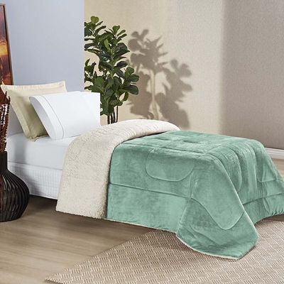 Coberdrom Diamond Solteiro Sherpa Com Manta Flannel 01 Peça - Verde Alecrim