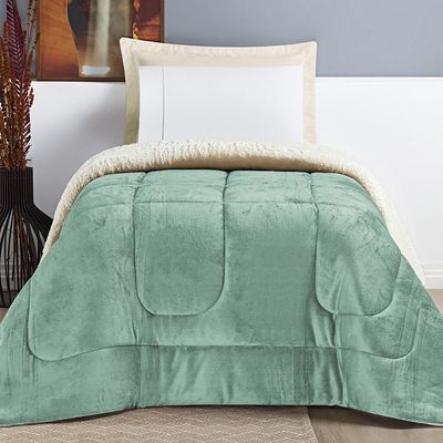 Coberdrom Diamond Solteiro Sherpa Com Manta Flannel 01 Peça - Verde Alecrim