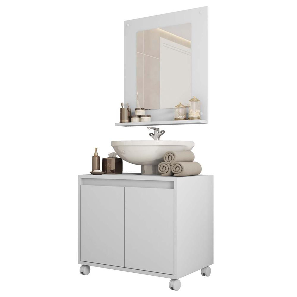 Kit Conjunto Gabinete Armario Banheiro Espelho Clean Branco