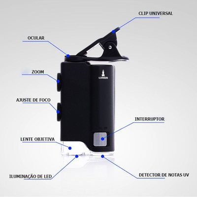 Microscópio Lupa Aumento 100x Celular Luz Uv E Branca