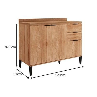 Gabinete De Cozinha Modulado Balcão Alpha 2506 3 Portas E 2 Gavetas Com Tampo 120cm Freijó