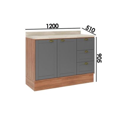 Gabinete De Cozinha Modulado Balcão Com Tampo Bella 2608 Com 2 Portas E 3 Gavetas 120cm Nogal Cinza