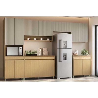Kit Cozinha Modulada 6 Peças Simone Mendes (3Aéreos+2Balcões+1Paneleiro) Carvalho/Cinza - Nesher