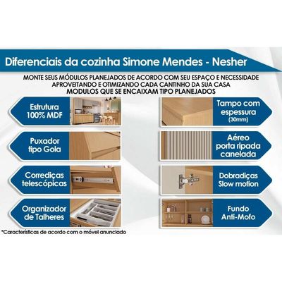 Kit Cozinha Completa 6 Peças Simone Mendes (3Aéreos+2Balcões+1Paneleiro) Carvalho/Cinza - Nesher
