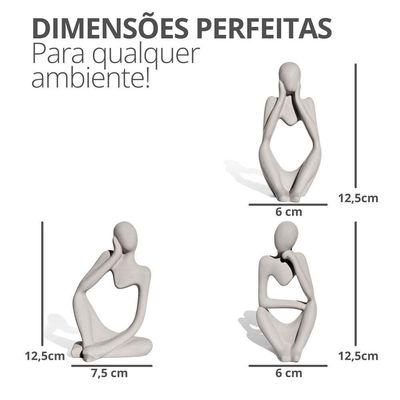 Conjunto 3 Peças Estátuas Pensadoras Alice Ana E Amora 12,5cm Cinza