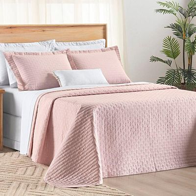 Cobre Leito Casal Padrão Verity 200 Fios Bordado 3 Peças Rosa