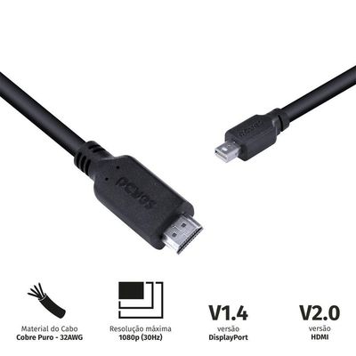 Cabo Mini Displayport Macho Para Hdmi 2.0 Macho 2 Metros - P