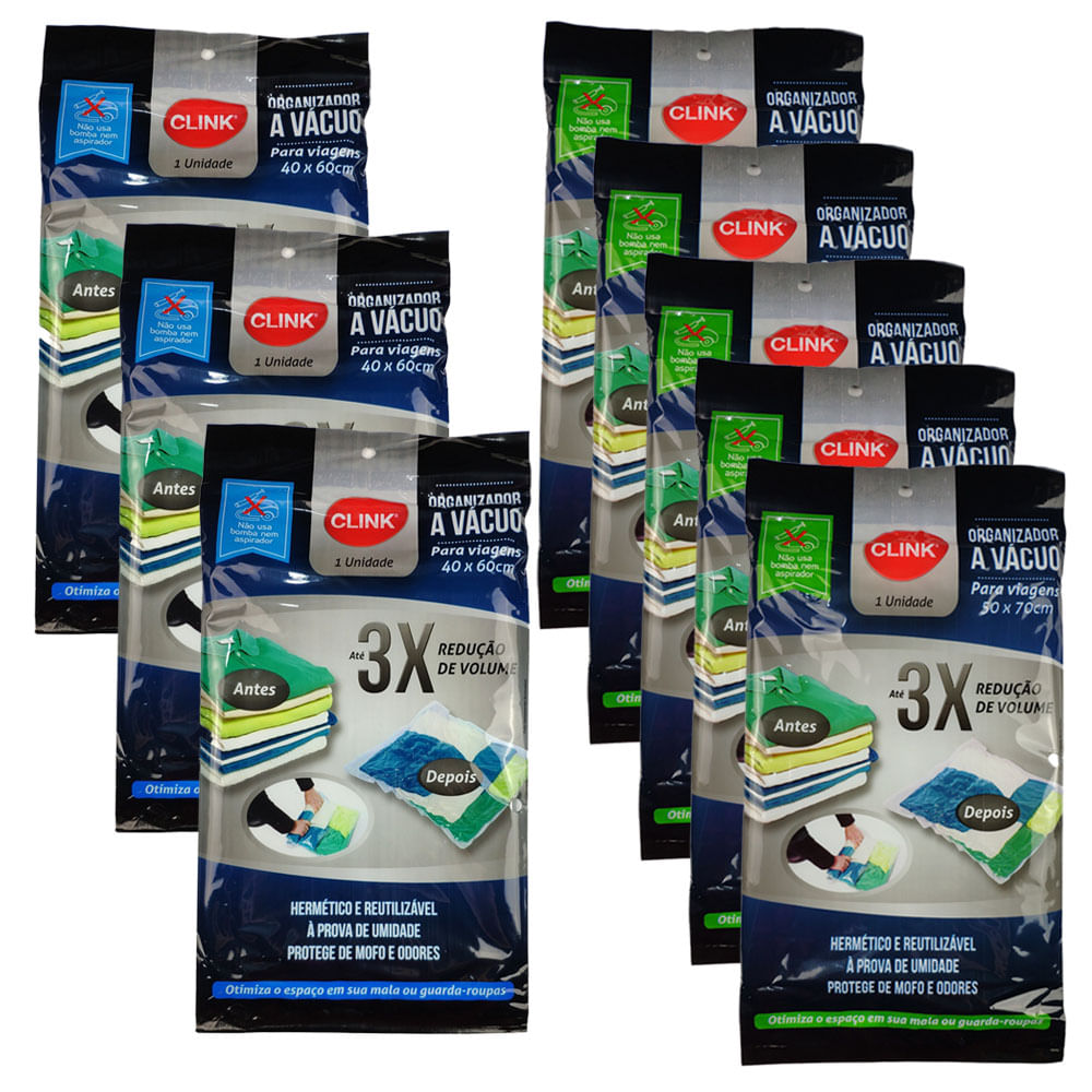 Kit 8 Sacos Organizadores a Vácuo Para Viagem 3 40x60cm 5 50x70cm Roupa Mala Protetor Com Zíper