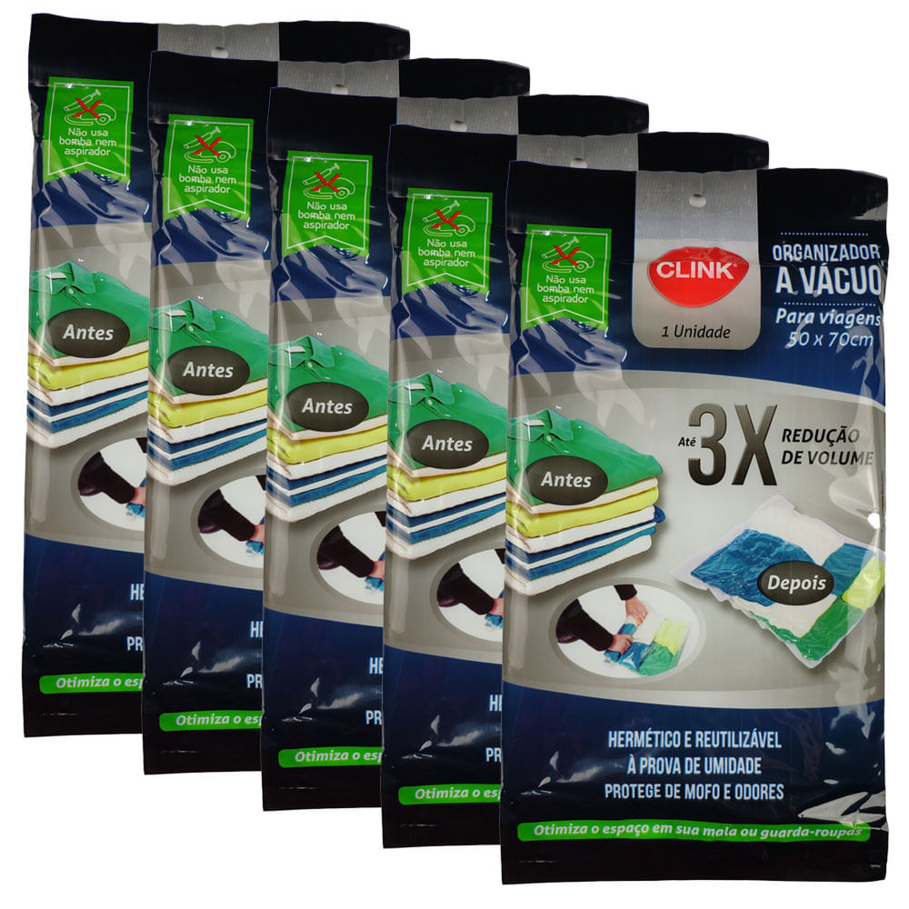 Kit 5 Sacos Organizadores a Vácuo Protetor Para Viagem Roupa Cobertor Mala 50x70cm