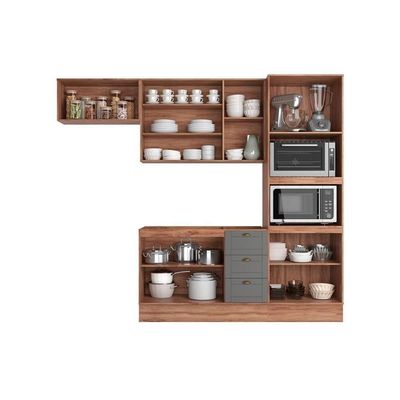Cozinha Modulada Completa Bella 4 Peças 2 Aéreos + 1 Balcão + 1 Torre Quente C4p197 Nogal Cinza