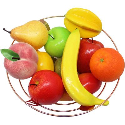 Kit Fruteira Frutas Artificial Isopor E Cesta Rose Gold Inox
