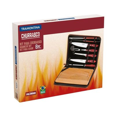 Kit Churrasco Com Tábua 7 Peças Tramontina 21198965 Com Estojo Castanho