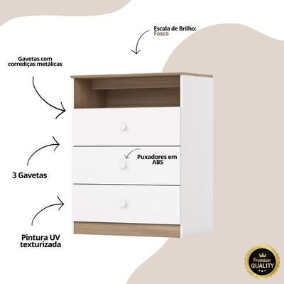 Cômoda 3 Gavetas Com Nicho Decorativo Magia Branco Jequitibá Hp