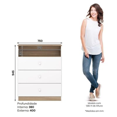 Cômoda 3 Gavetas Com Nicho Decorativo Magia Branco Jequitibá Hp