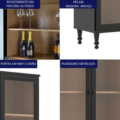 Cristaleira 2 Portas Vidro Pés Madeira 151x80 Cm E957 Preto Dtall Preto