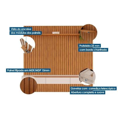 Estante P- Sala Até 85 Pol Pratic Ripado C- 3 Gavetas 250x240cm Freijó-off White - Dj Móveis