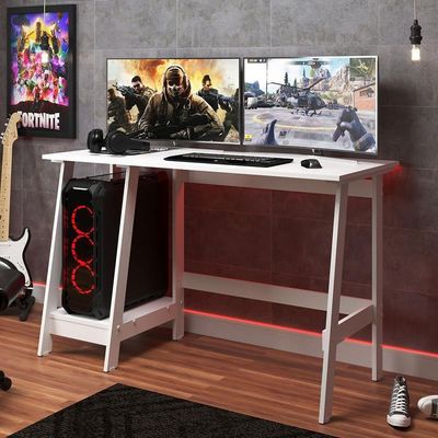 Mesa Escrivaninha Gamer 2 Pateleiras 120 Cm Mc190 Branco Dtall Branco