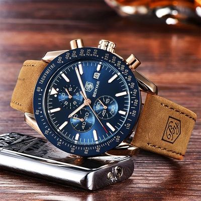 Relógio Analógico De Quartzo Cronógrafo Luminoso Designer De Pulso Azul Dourado
