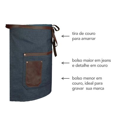 Avental de Cintura Meio Corpo Barista Chef Jeans e Couro 1un