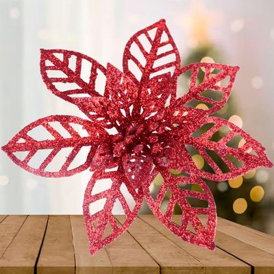 Kit 16 Flores Vermelha Gliter Decoração árvore De Natal 14cm