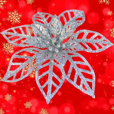 Kit 16 Flores Prata Gliter Decoração árvore De Natal De 14cm