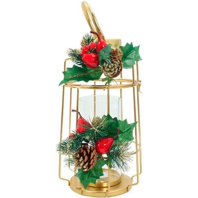 Kit 2 Lamparina Natalina Dourada Em Metal Decorativa De 36cm