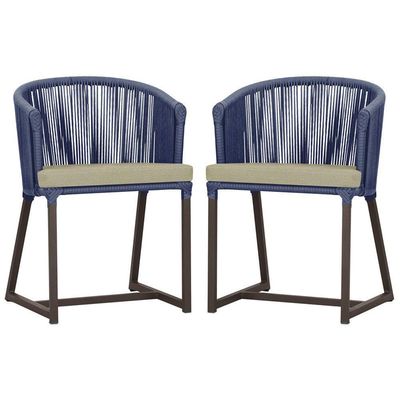 2 Cadeiras De Jantar Noronha Marrom Corda Náutica E7 Trama Azul