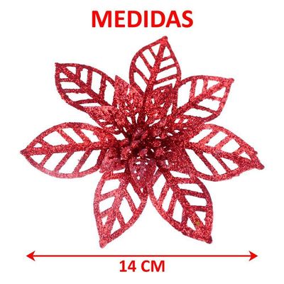 Kit 12 Flores Vermelha Gliter Decoração árvore De Natal 14cm