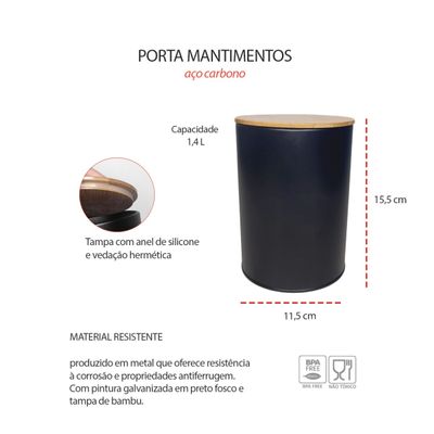 Porta Pao Manteigueira Pote Cafe Açucar Aço Preto Bambu 4un