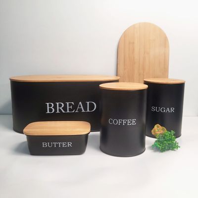 Porta Pao Manteigueira Pote Cafe Açucar Aço Preto Bambu 4un